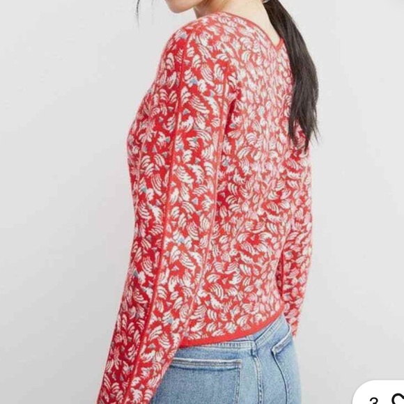 Anthropologie Red and White Leaf Pattern Sweater - Picture 8 of 8